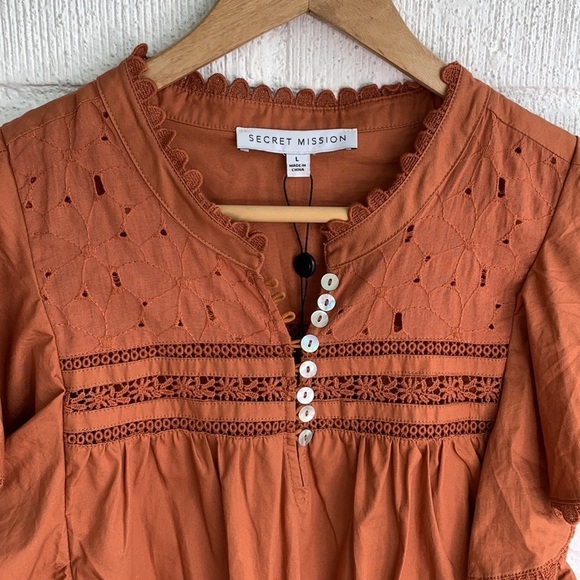 Secret Mission Bartolina Ruffled Cotton Crochet Flutter Sleeve Pocket Dress sz L - Picture 7 of 16